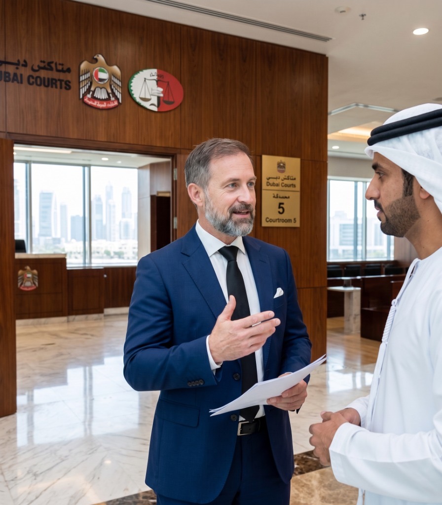Dr. Shaun Gregory Morgan consulting with a UAE client at Dubai Courts, Courtroom 5 — Franklin Morgan Law, Dubai